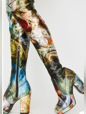 Current Mood Da Vinci Renaissance Multicolor Printed Over-the-Knee Velvet Boots